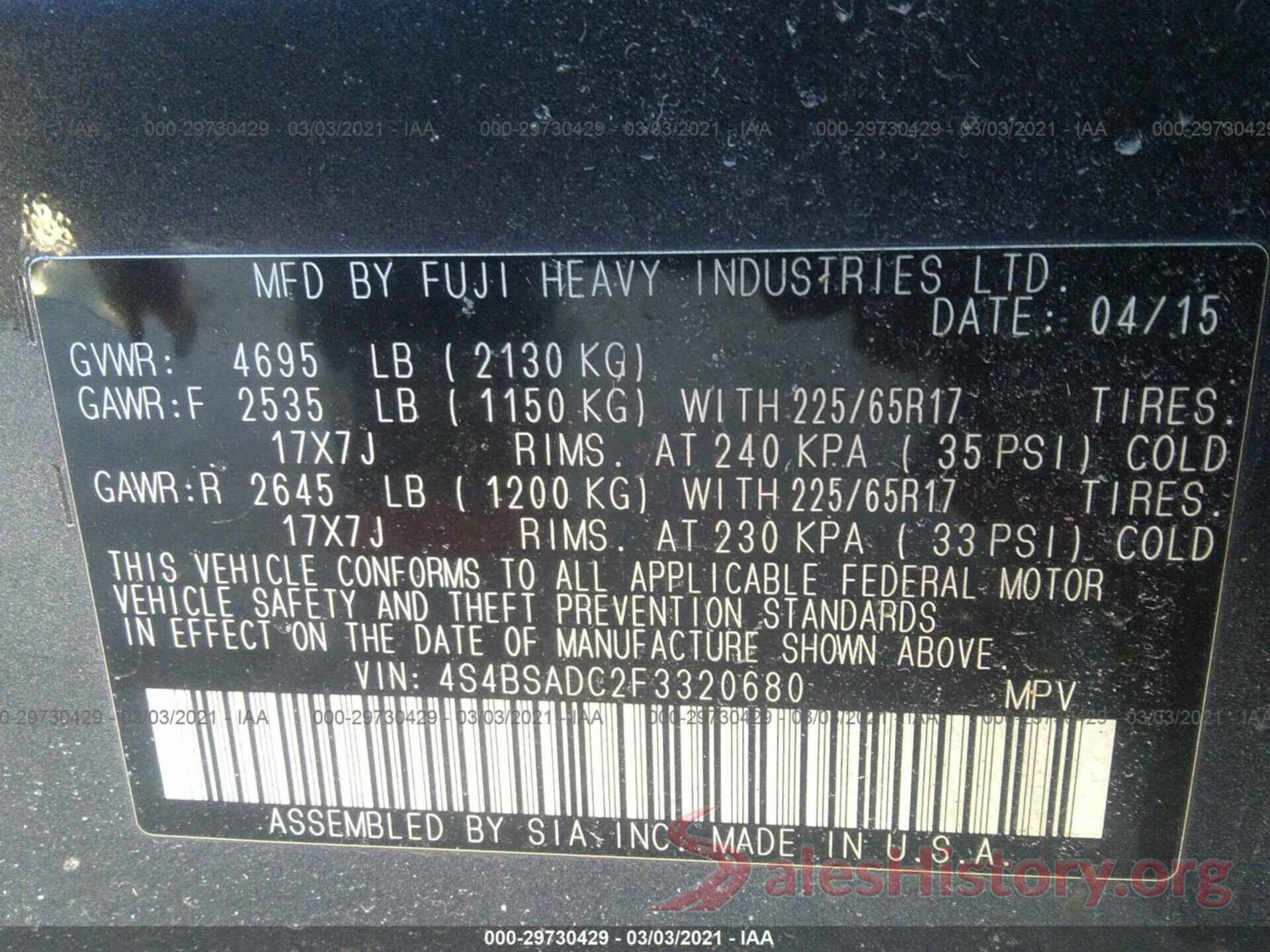 4S4BSADC2F3320680 2015 SUBARU OUTBACK