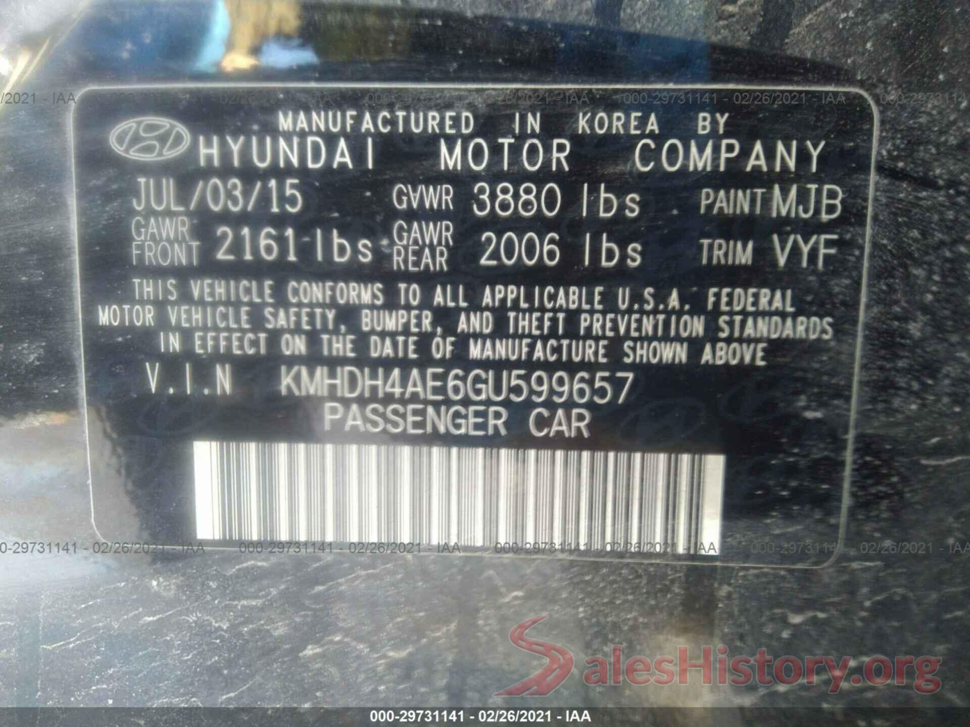 KMHDH4AE6GU599657 2016 HYUNDAI ELANTRA