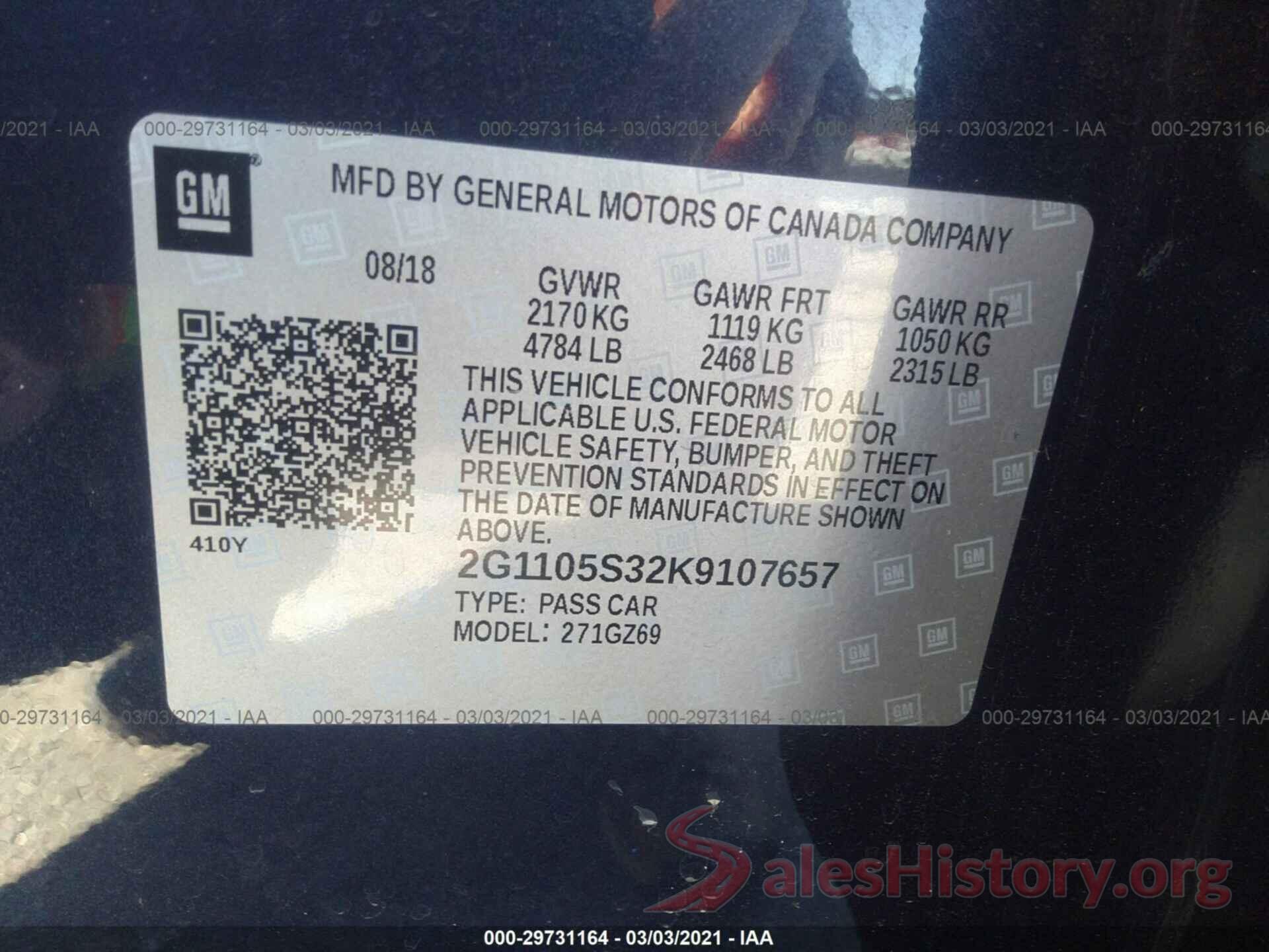 2G1105S32K9107657 2019 CHEVROLET IMPALA