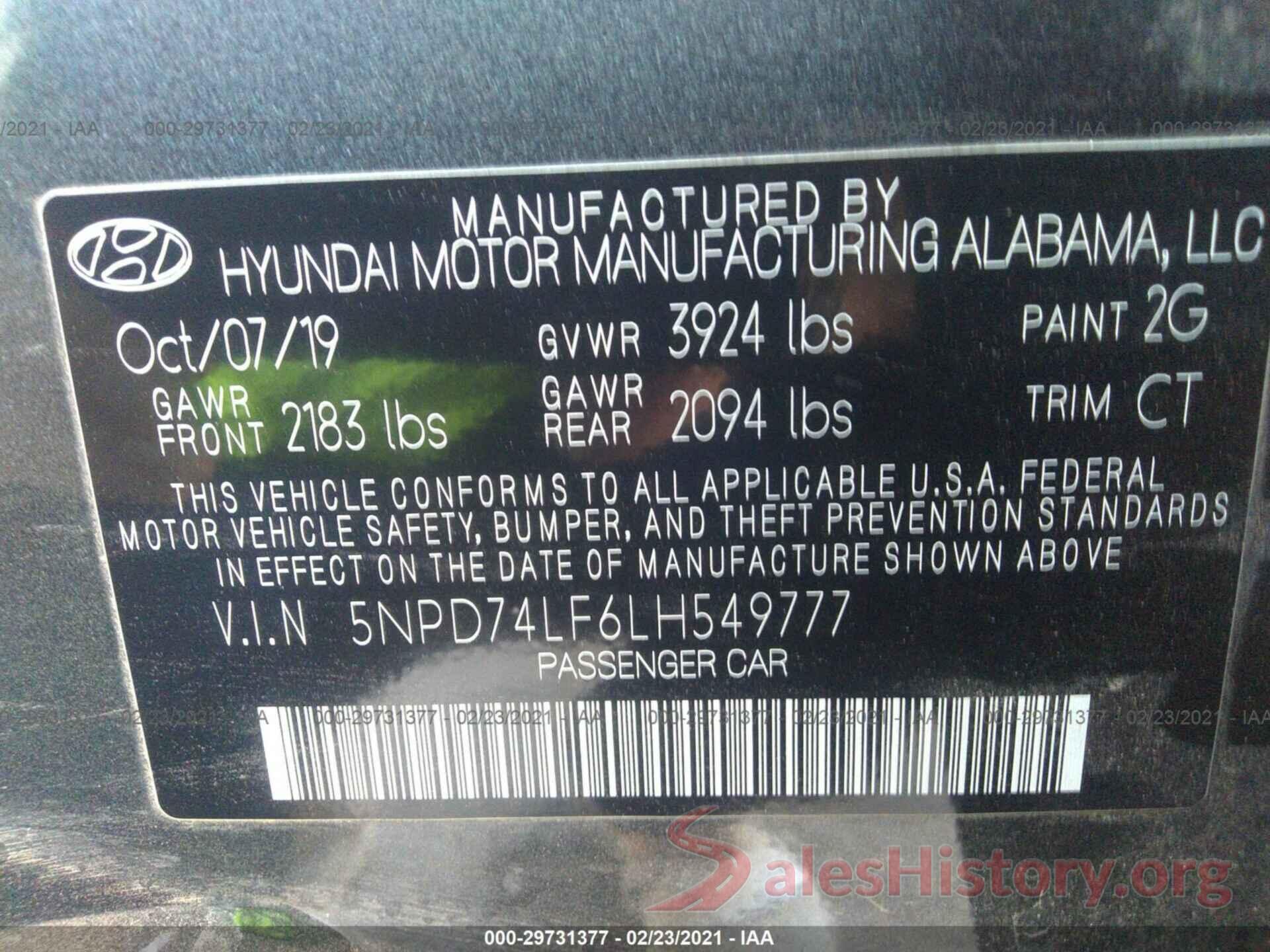 5NPD74LF6LH549777 2020 HYUNDAI ELANTRA