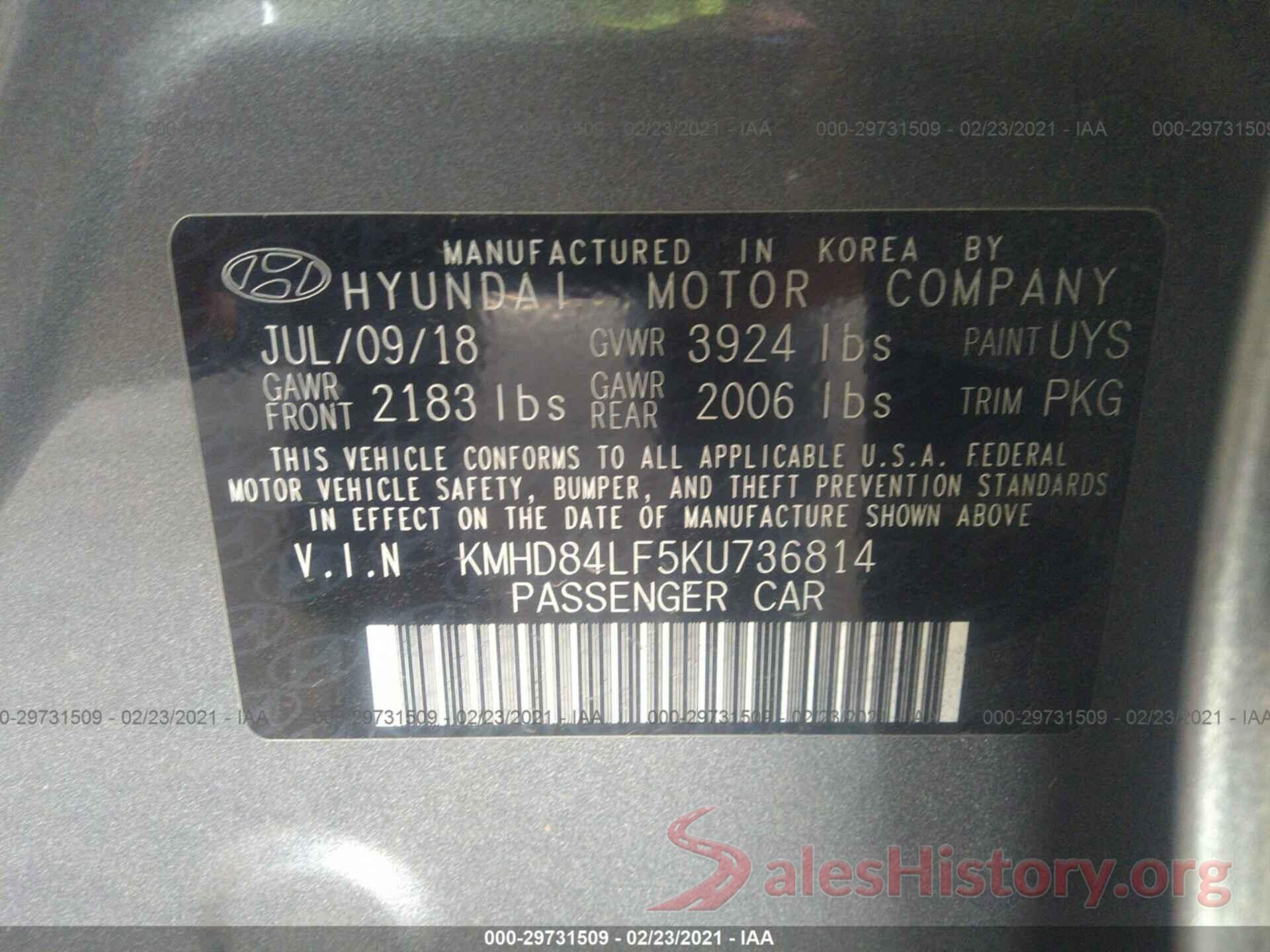 KMHD84LF5KU736814 2019 HYUNDAI ELANTRA