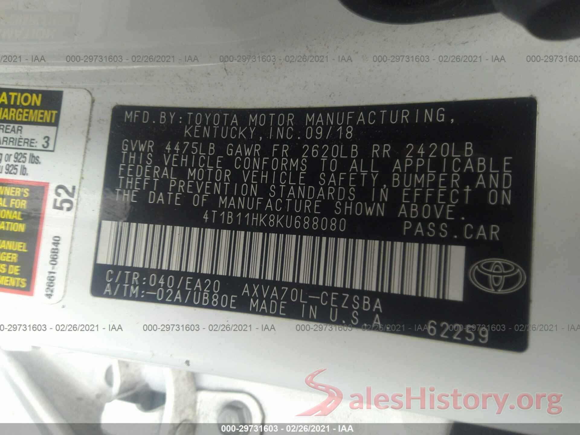 4T1B11HK8KU688080 2019 TOYOTA CAMRY