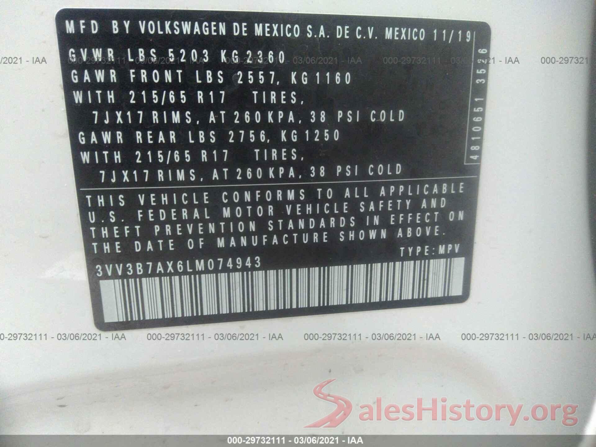 3VV3B7AX6LM074943 2020 VOLKSWAGEN TIGUAN