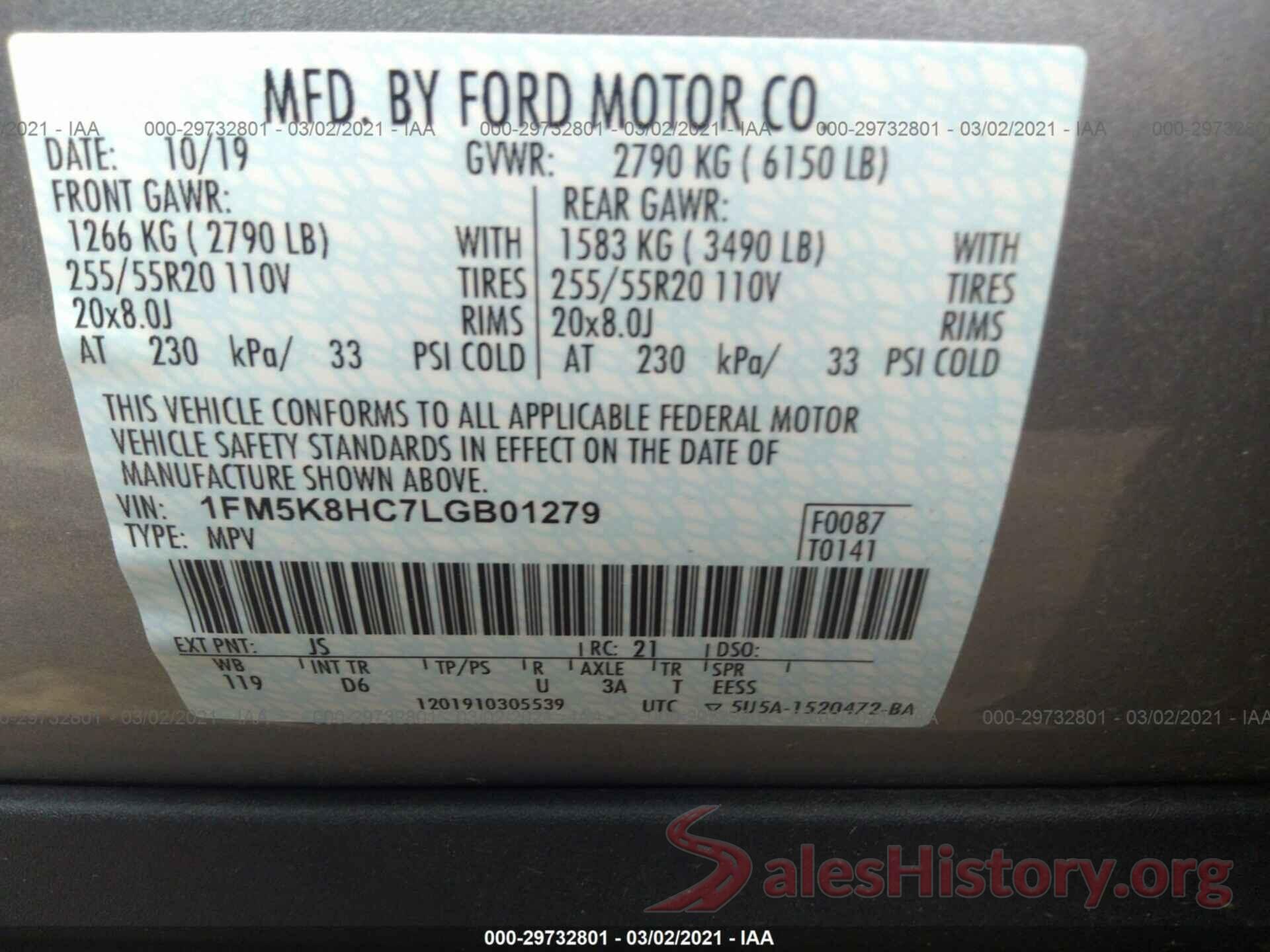 1FM5K8HC7LGB01279 2020 FORD EXPLORER