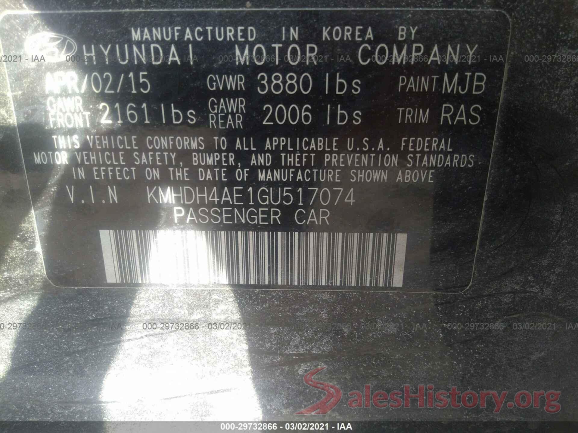 KMHDH4AE1GU517074 2016 HYUNDAI ELANTRA