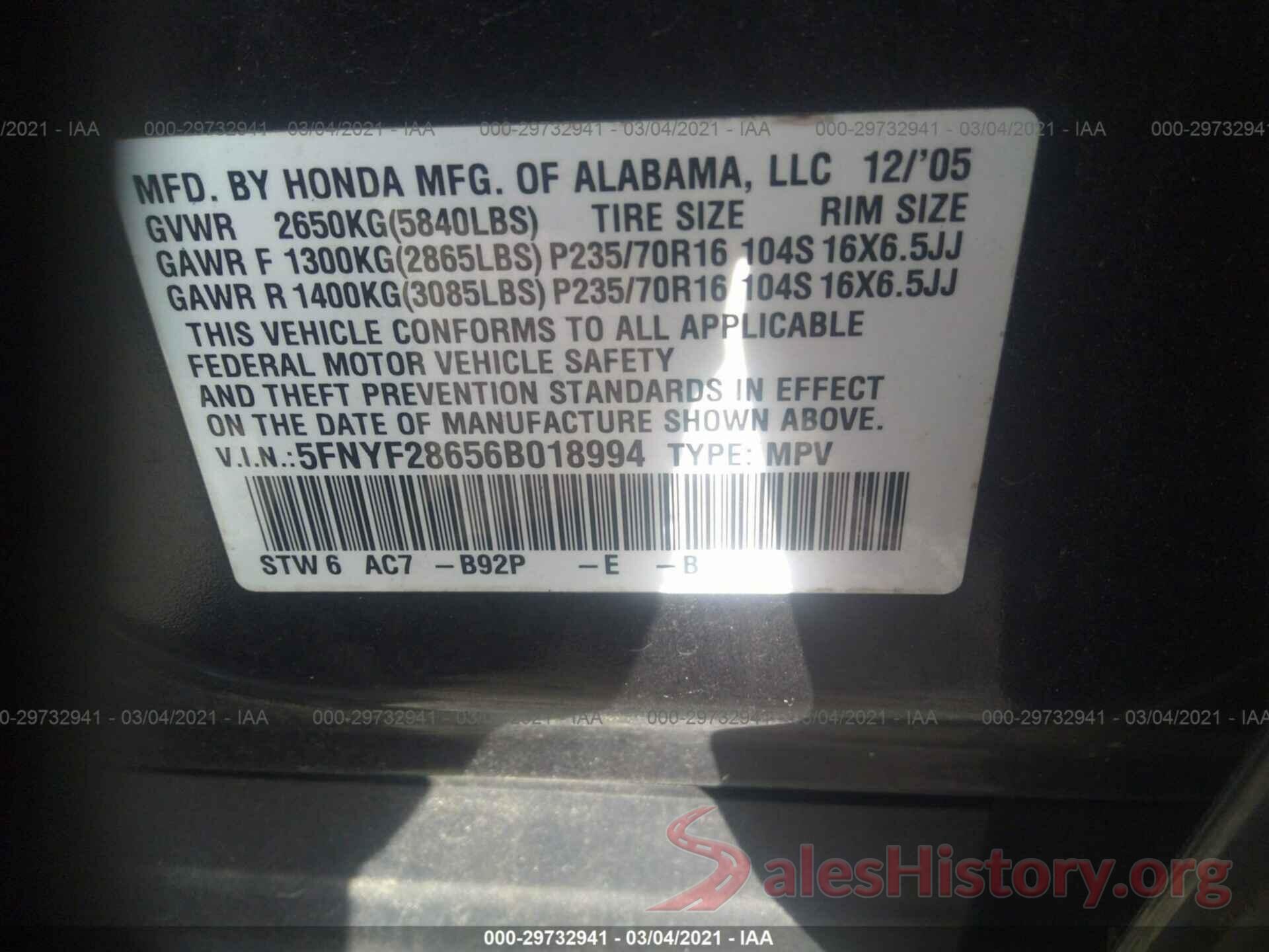 JM3KFBCM8J0378769 2006 HONDA PILOT