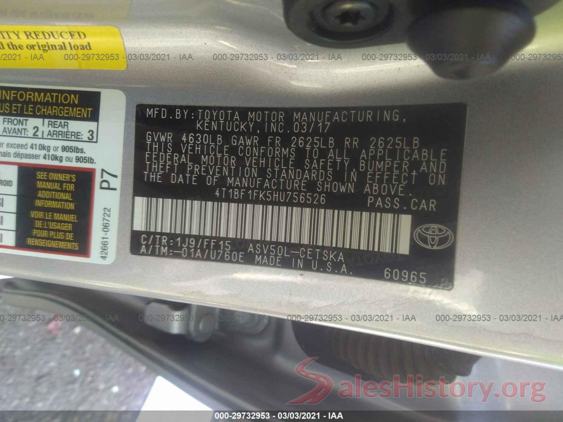 4T1BF1FK5HU756526 2017 TOYOTA CAMRY