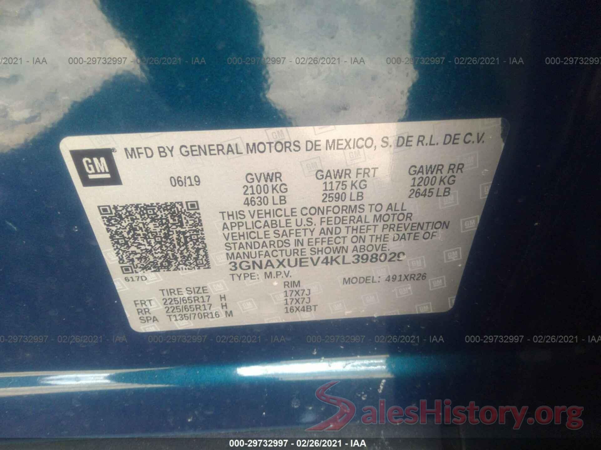 3GNAXUEV4KL398029 2019 CHEVROLET EQUINOX