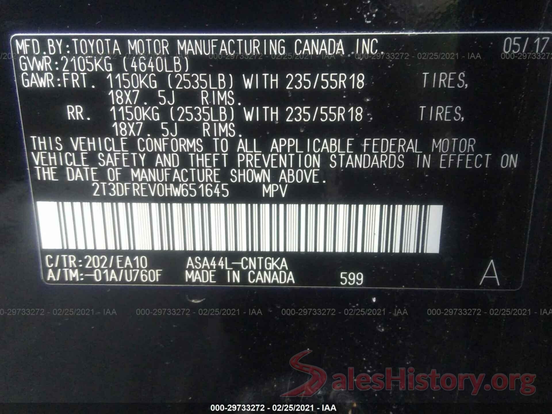 2T3DFREV0HW651645 2017 TOYOTA RAV4