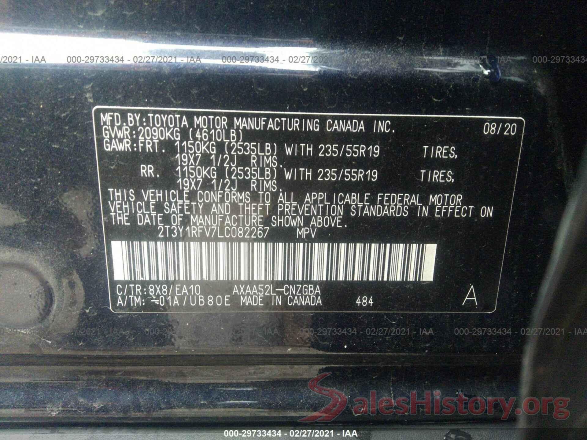 2T3Y1RFV7LC082267 2020 TOYOTA RAV4