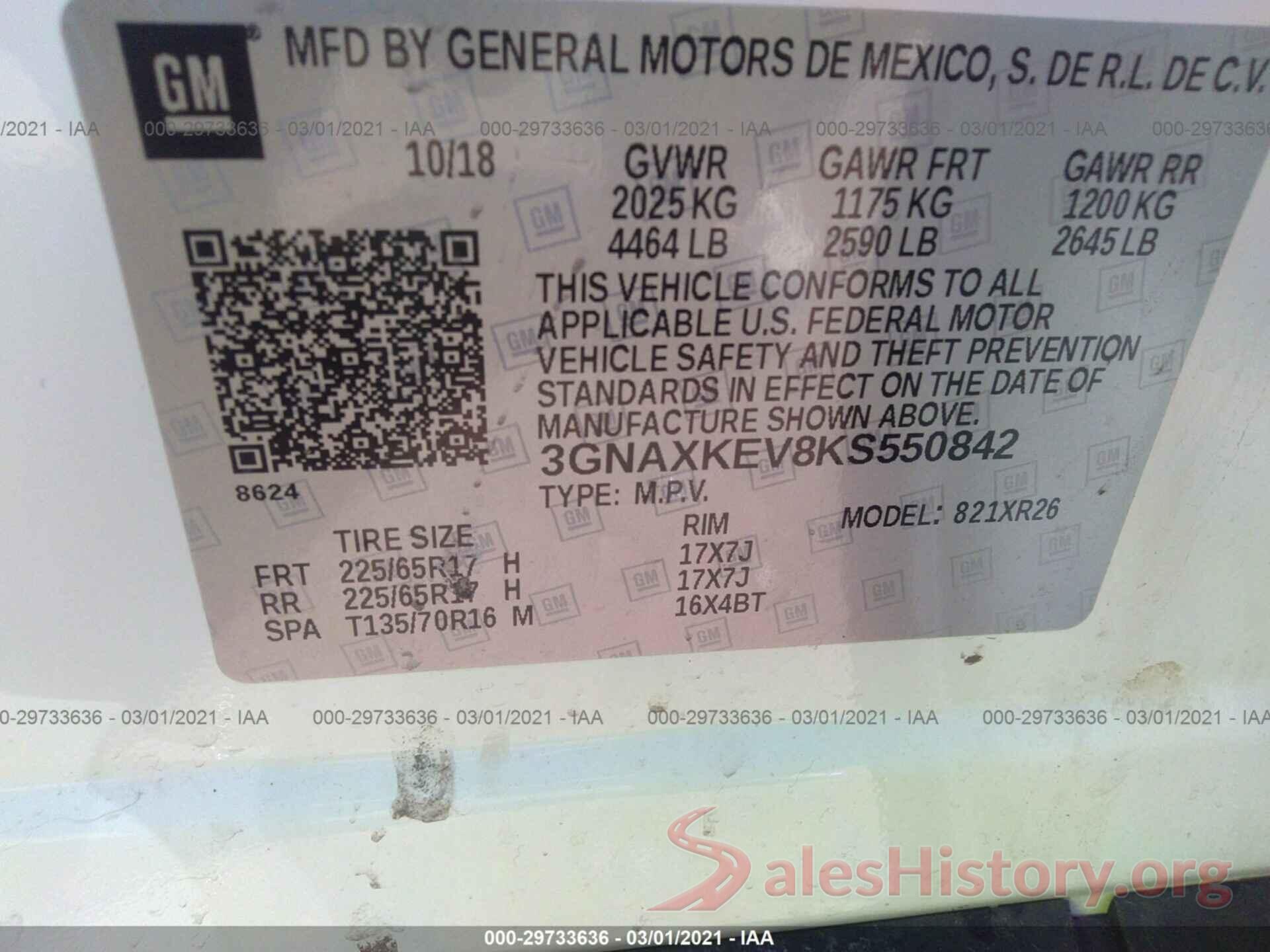 3GNAXKEV8KS550842 2019 CHEVROLET EQUINOX