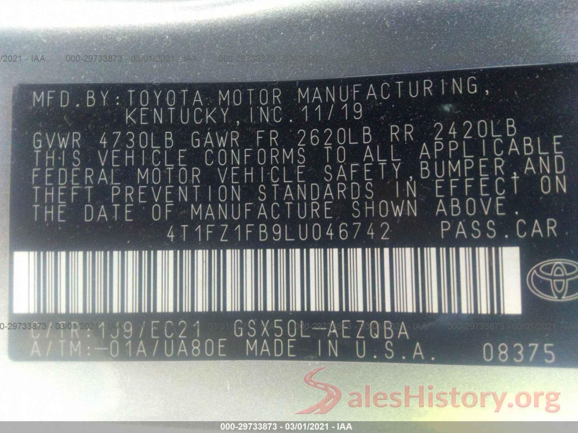 4T1FZ1FB9LU046742 2020 TOYOTA AVALON