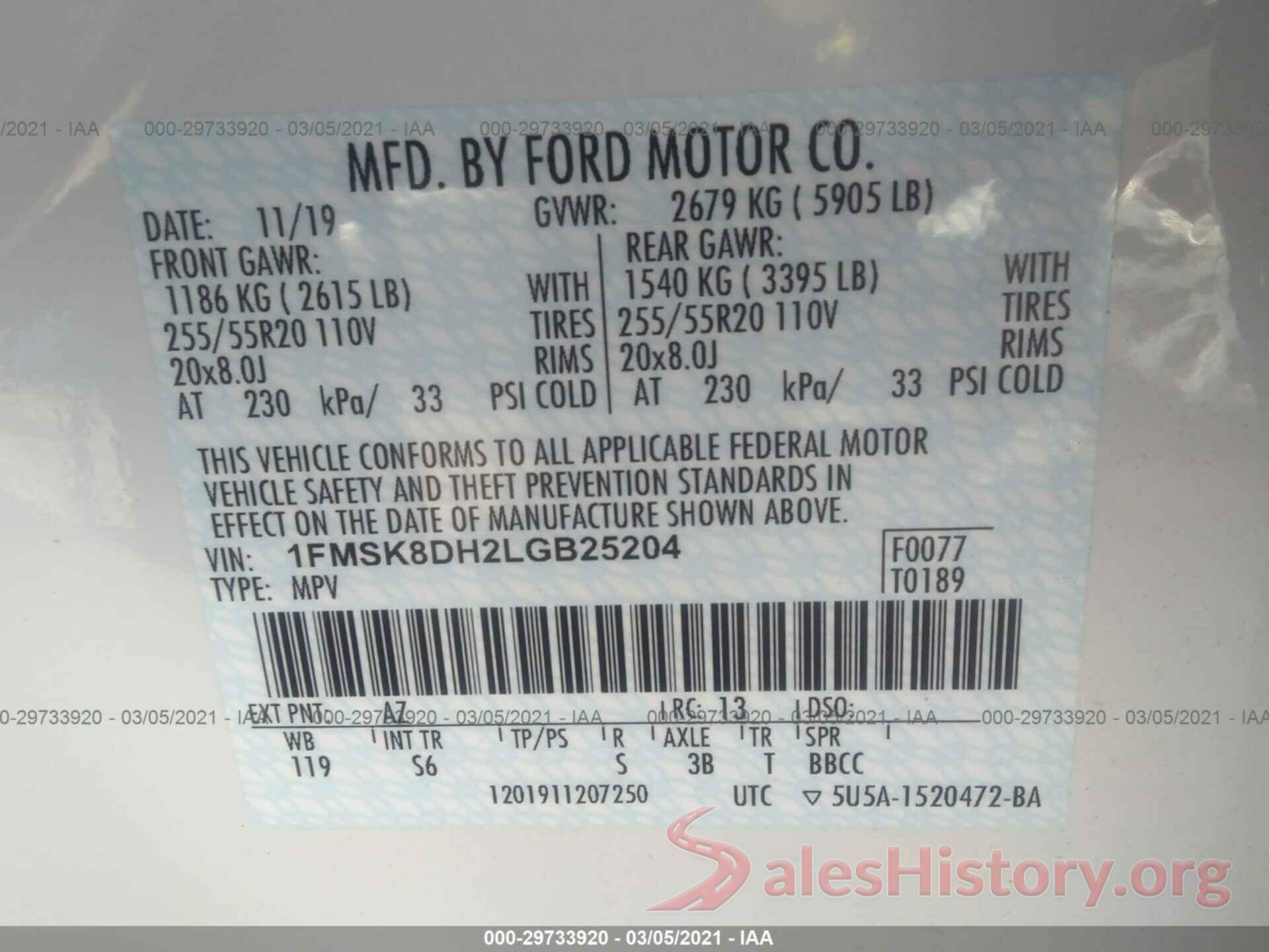 1FMSK8DH2LGB25204 2020 FORD EXPLORER