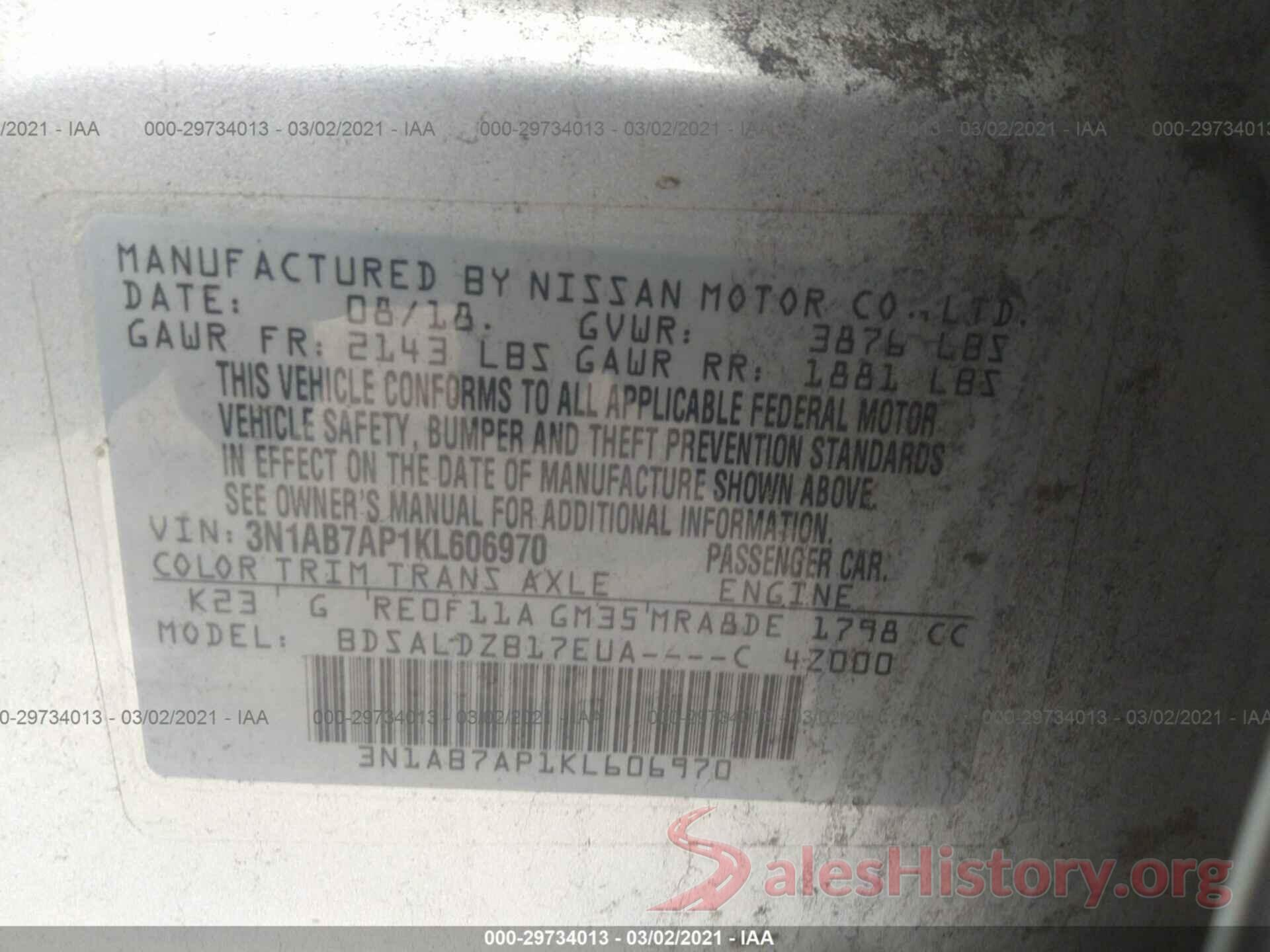 3N1AB7AP1KL606970 2019 NISSAN SENTRA