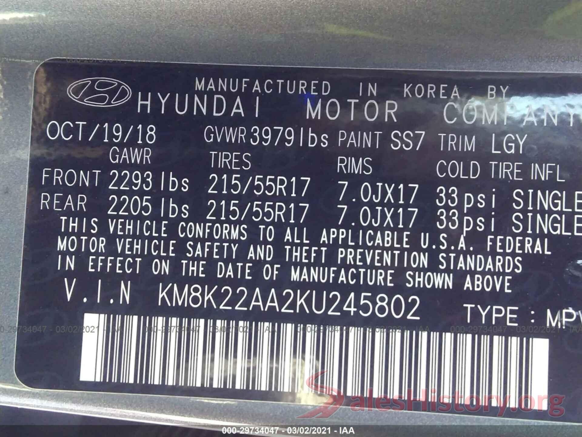 KM8K22AA2KU245802 2019 HYUNDAI KONA