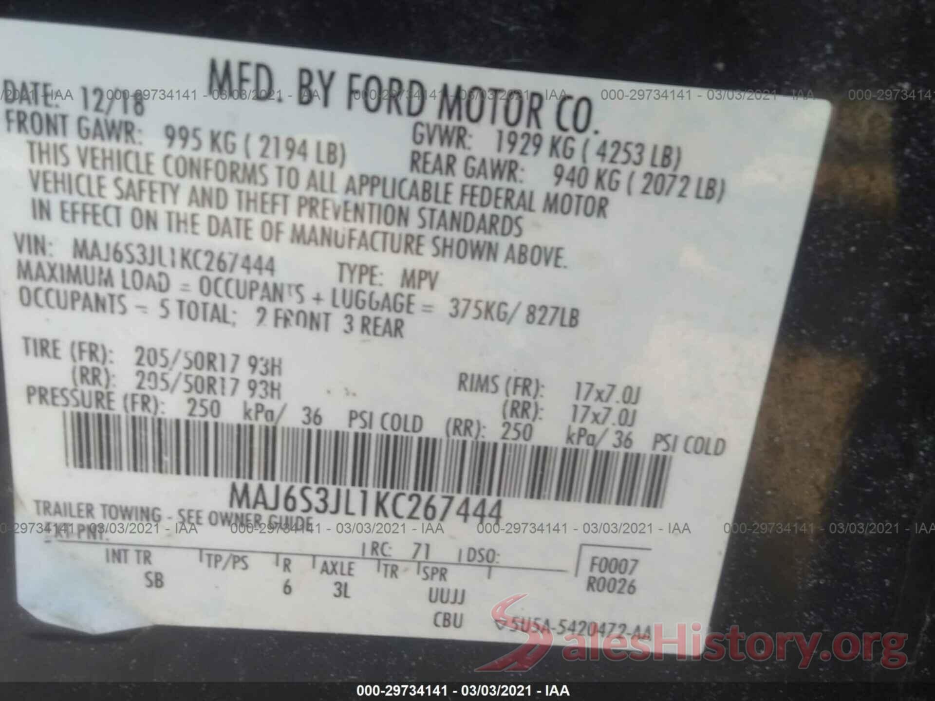 MAJ6S3JL1KC267444 2019 FORD ECOSPORT