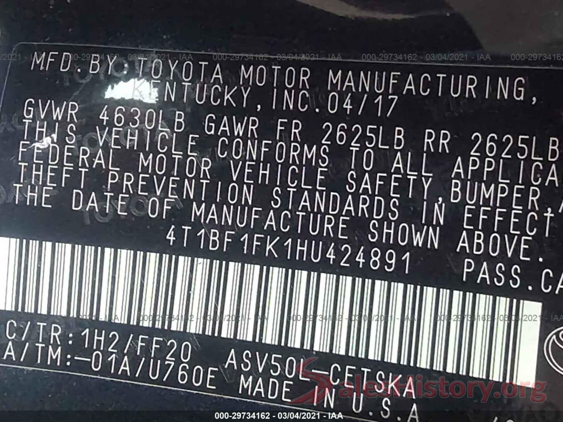 4T1BF1FK1HU424891 2017 TOYOTA CAMRY