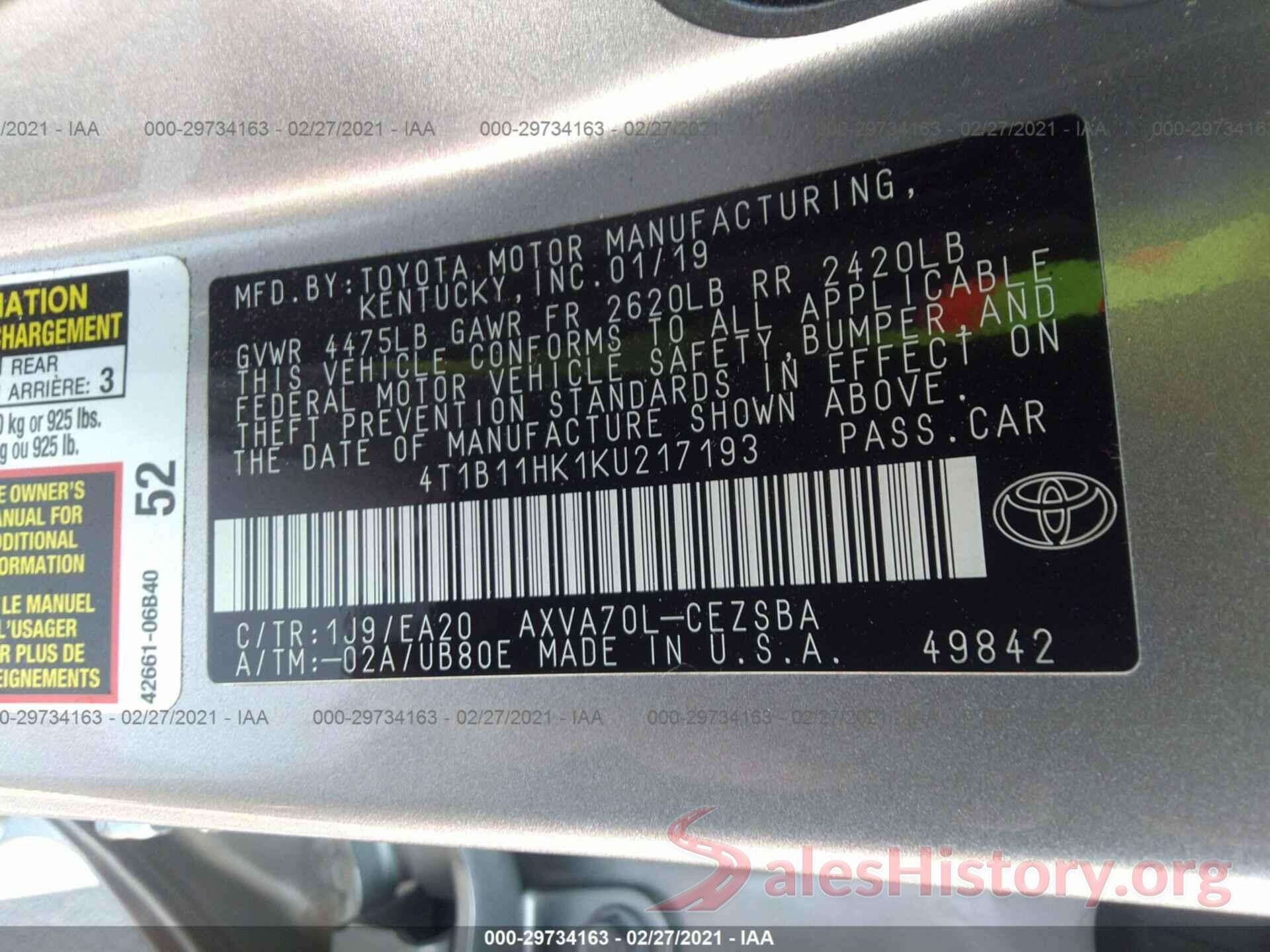 4T1B11HK1KU217193 2019 TOYOTA CAMRY