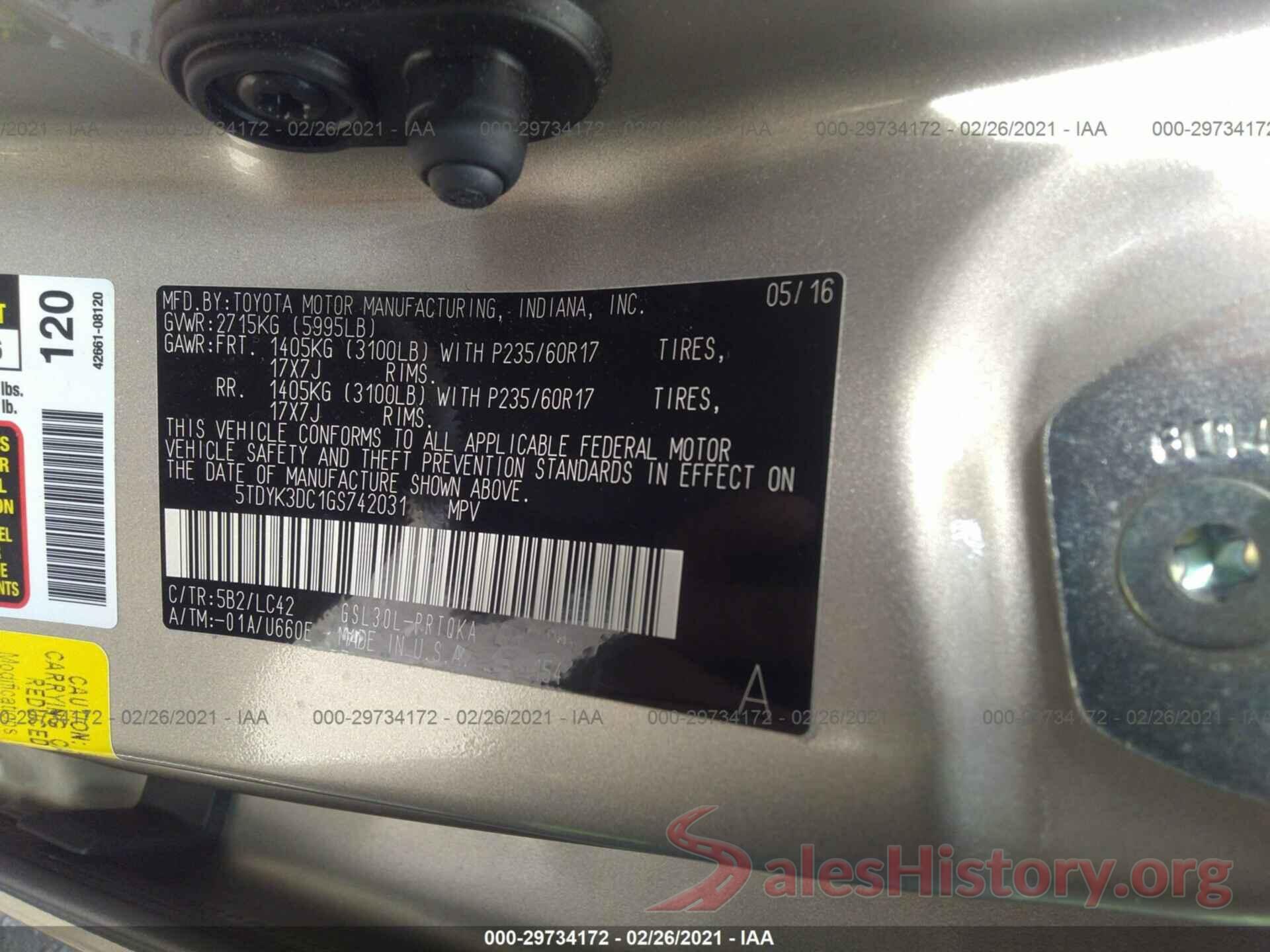 5TDYK3DC1GS742031 2016 TOYOTA SIENNA