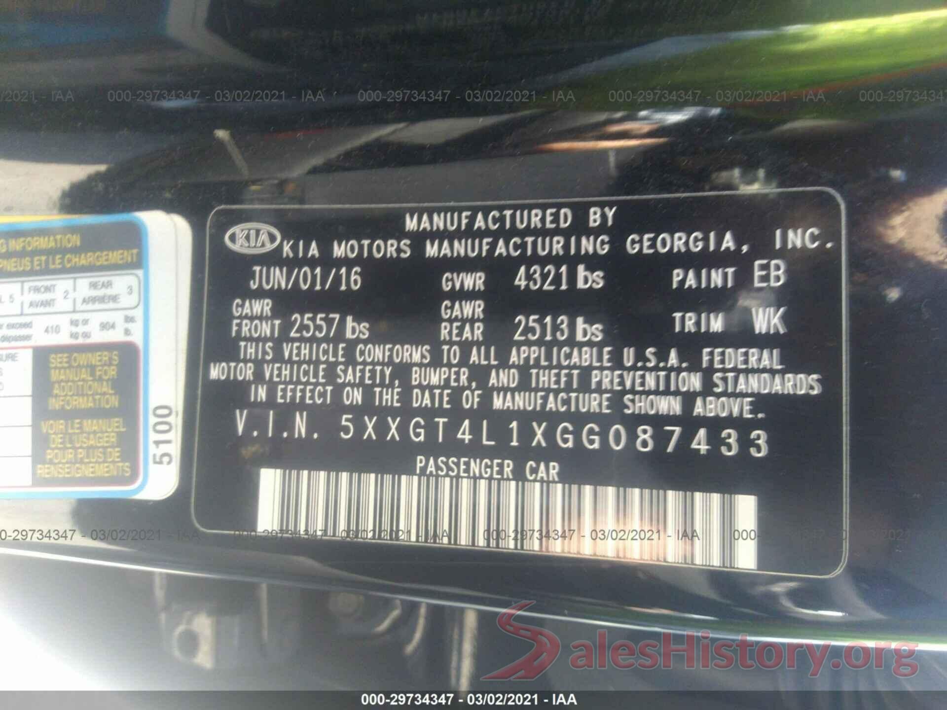 5XXGT4L1XGG087433 2016 KIA OPTIMA