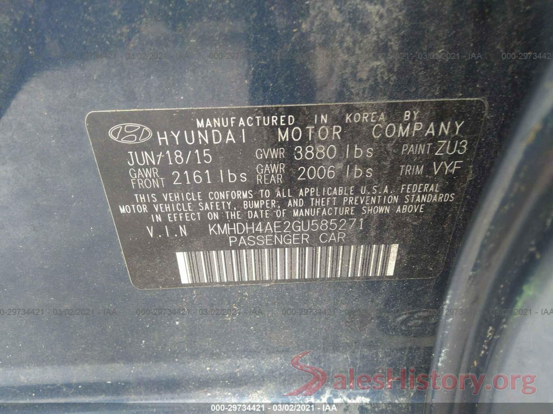 KMHDH4AE2GU585271 2016 HYUNDAI ELANTRA