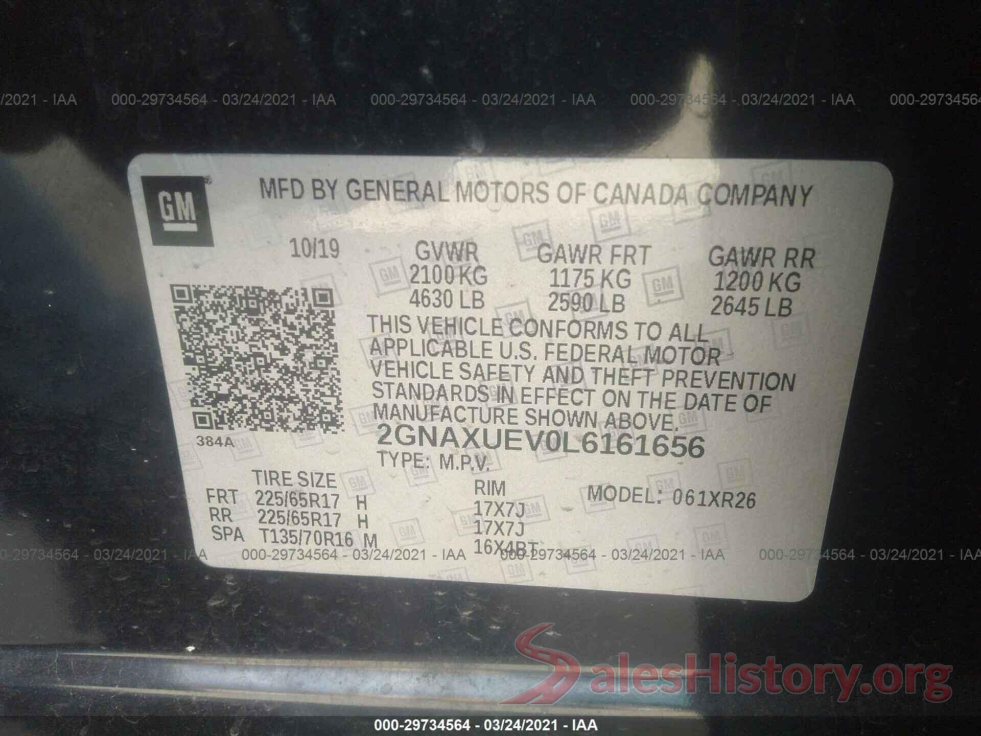 2GNAXUEV0L6161656 2020 CHEVROLET EQUINOX