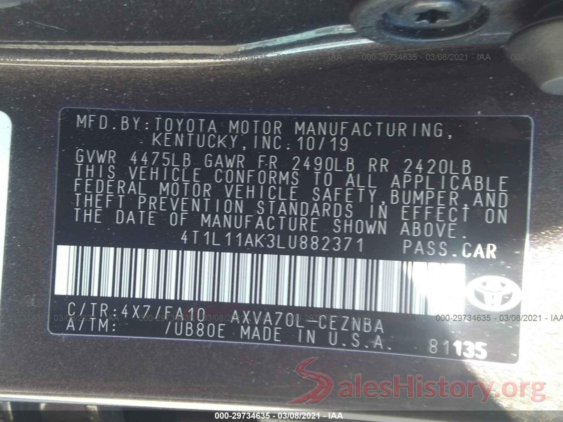 4T1L11AK3LU882371 2020 TOYOTA CAMRY