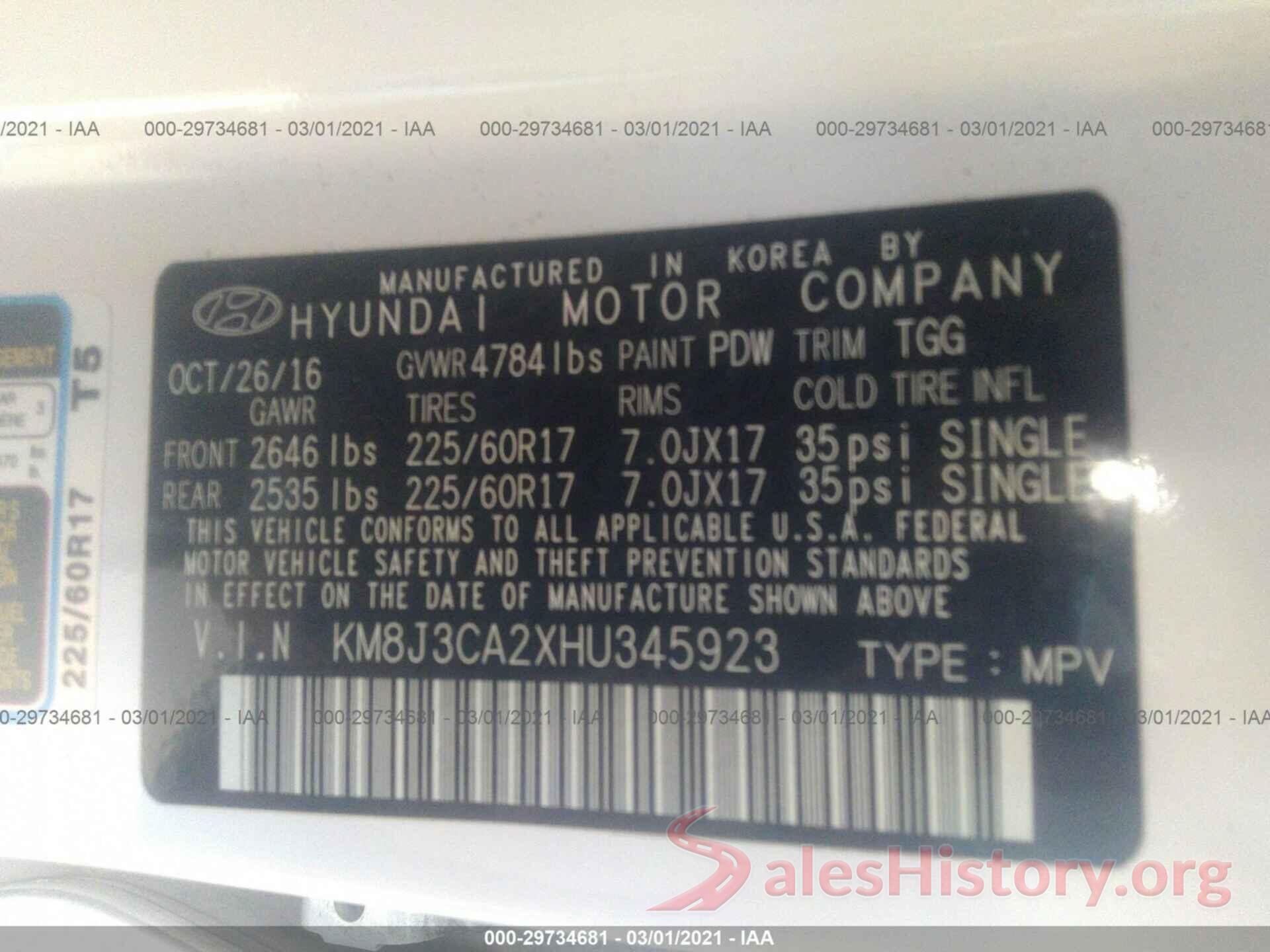 KM8J3CA2XHU345923 2017 HYUNDAI TUCSON