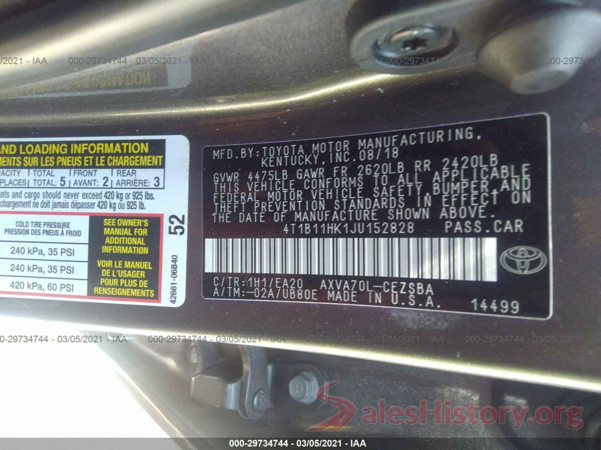 4T1B11HK1JU152828 2018 TOYOTA CAMRY