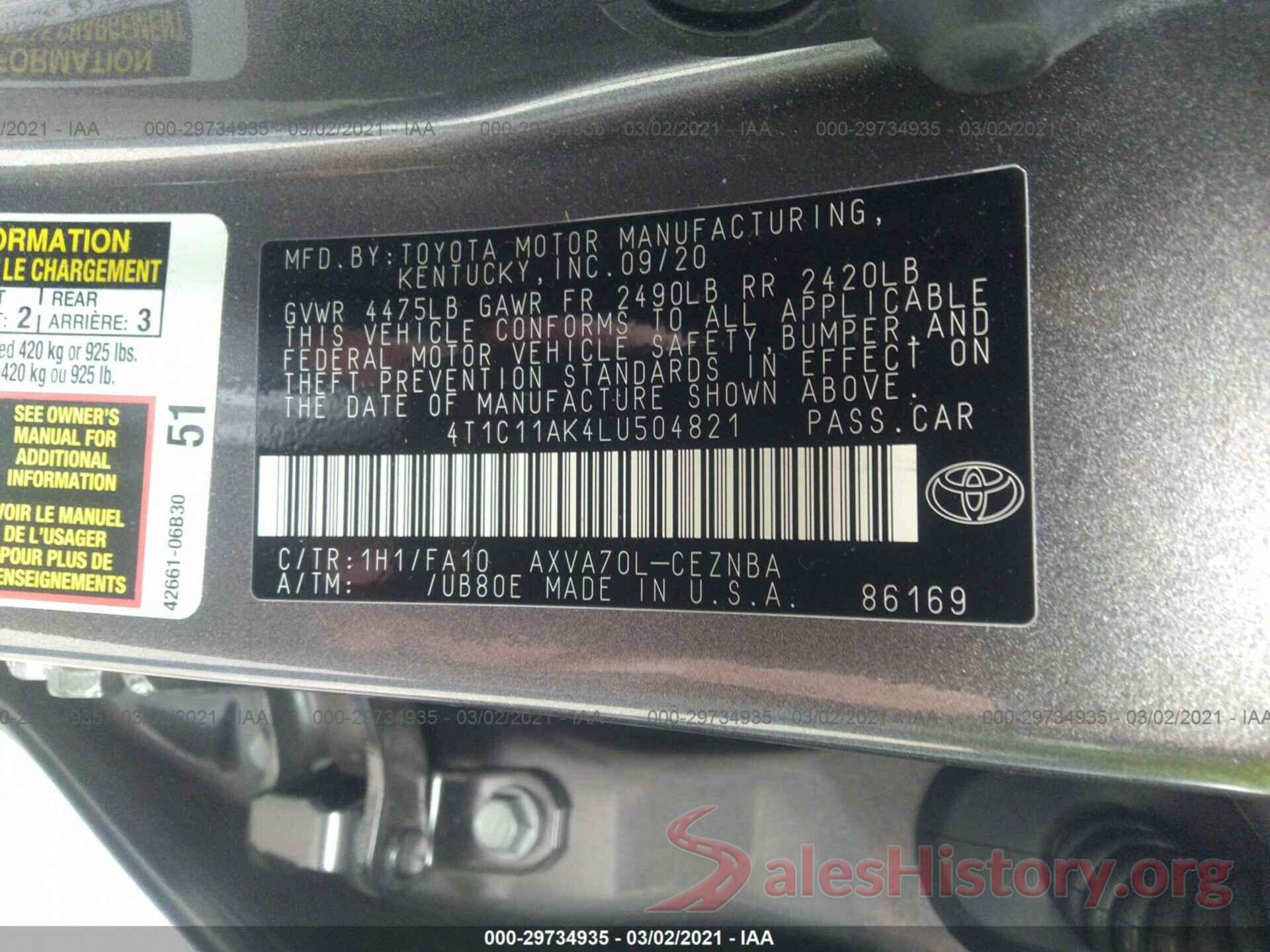 4T1C11AK4LU504821 2020 TOYOTA CAMRY