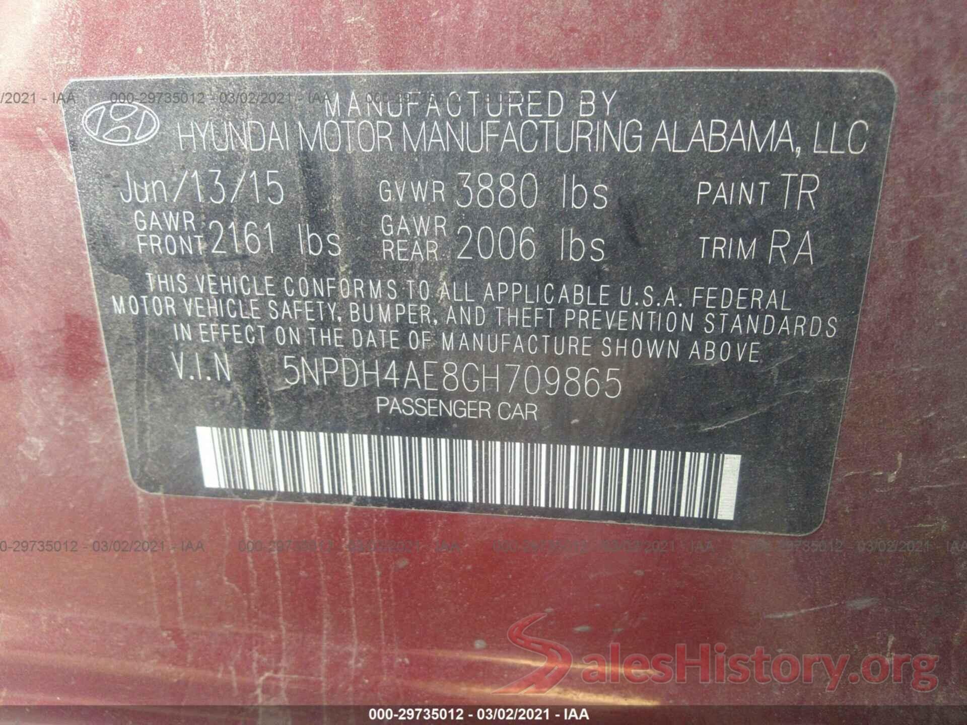 5NPDH4AE8GH709865 2016 HYUNDAI ELANTRA