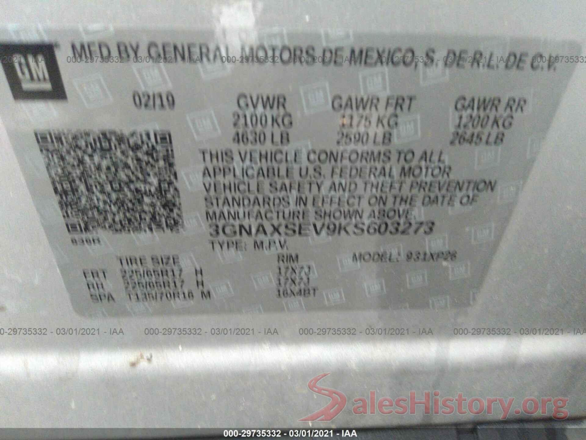 3GNAXSEV9KS603273 2019 CHEVROLET EQUINOX