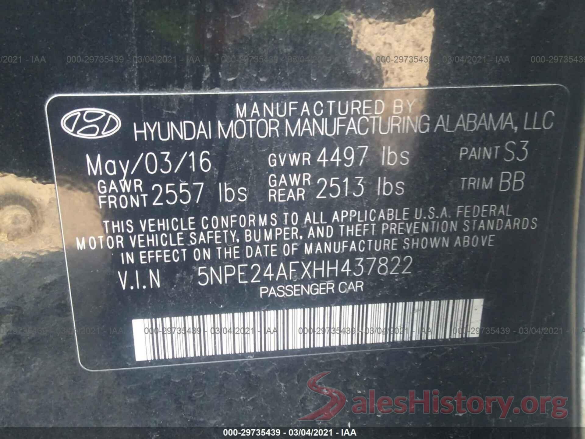 5NPE24AFXHH437822 2017 HYUNDAI SONATA