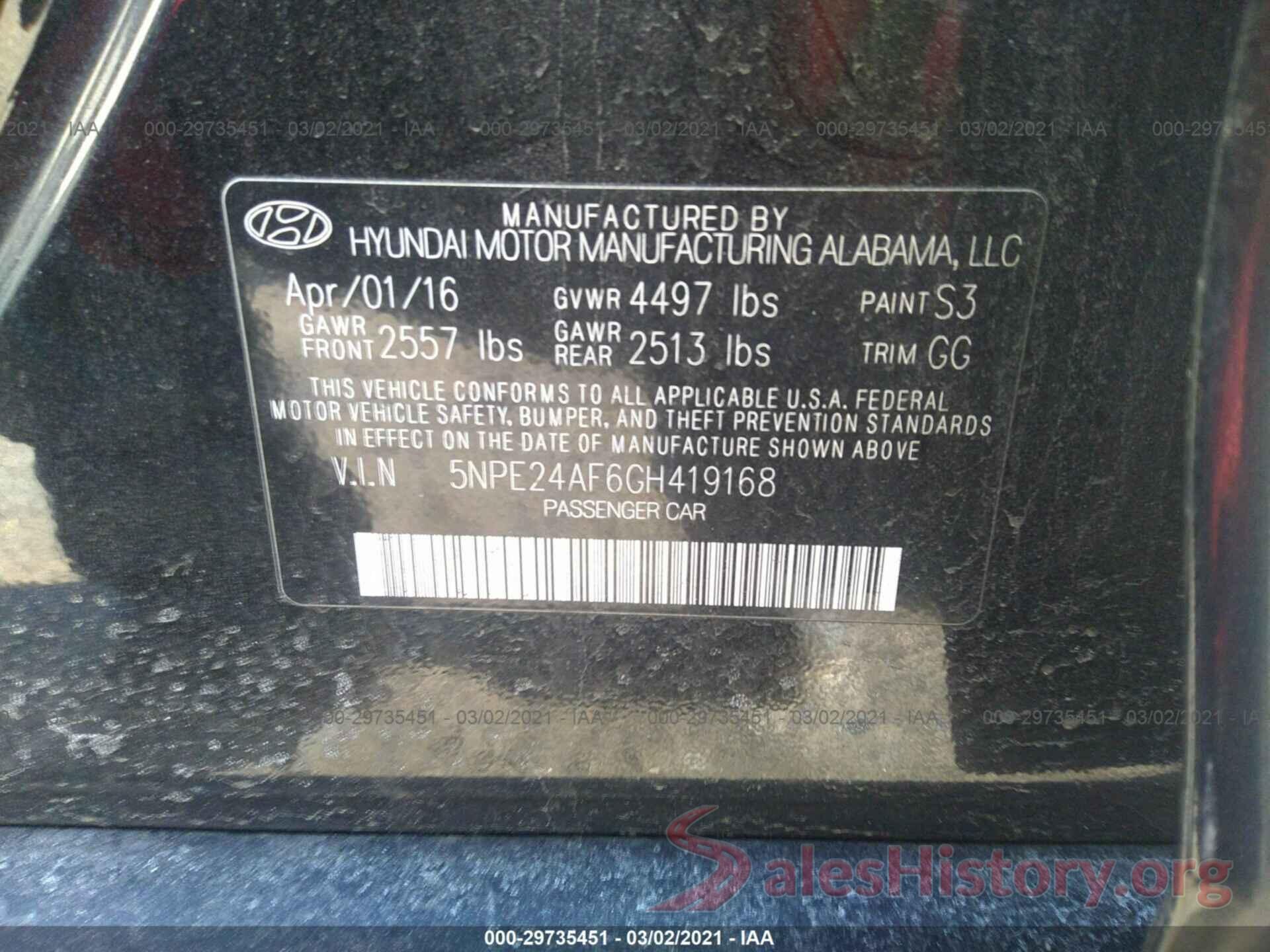 5NPE24AF6GH419168 2016 HYUNDAI SONATA