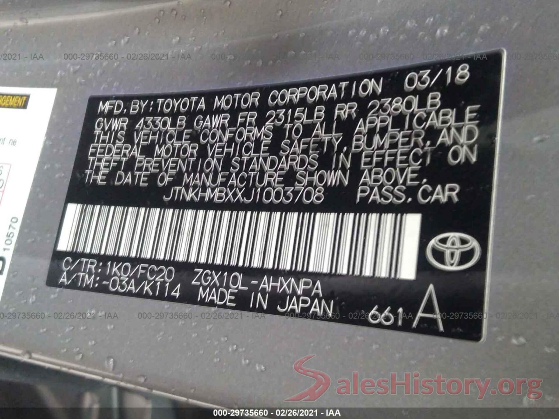 JTNKHMBXXJ1003708 2018 TOYOTA C-HR