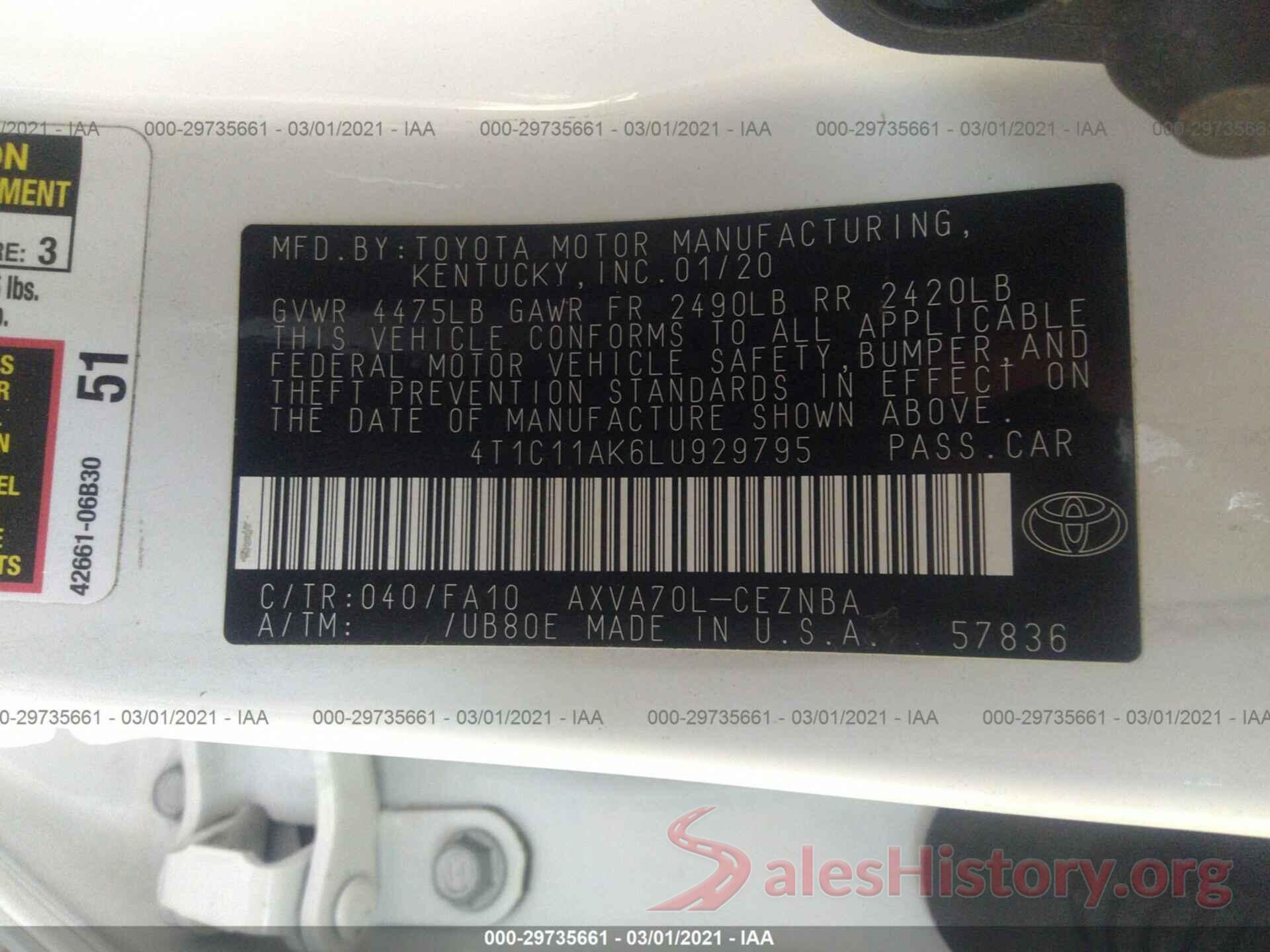 4T1C11AK6LU929795 2020 TOYOTA CAMRY