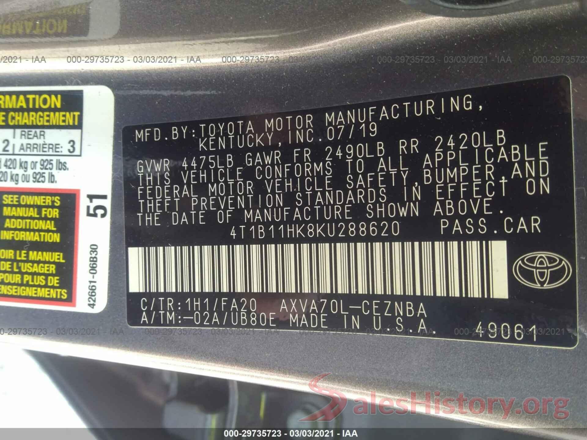 4T1B11HK8KU288620 2019 TOYOTA CAMRY