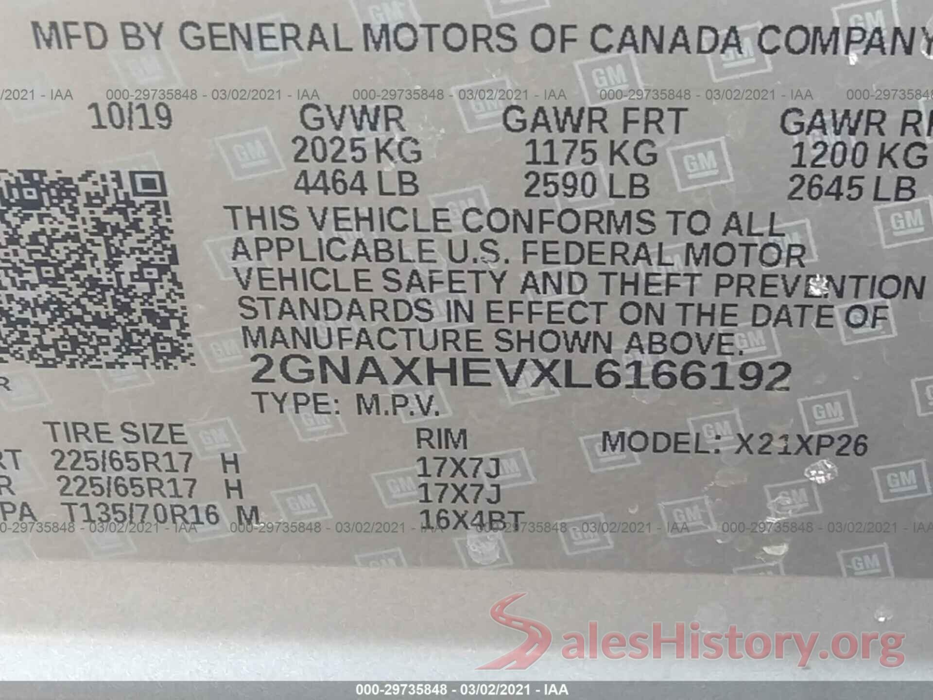 2GNAXHEVXL6166192 2020 CHEVROLET EQUINOX