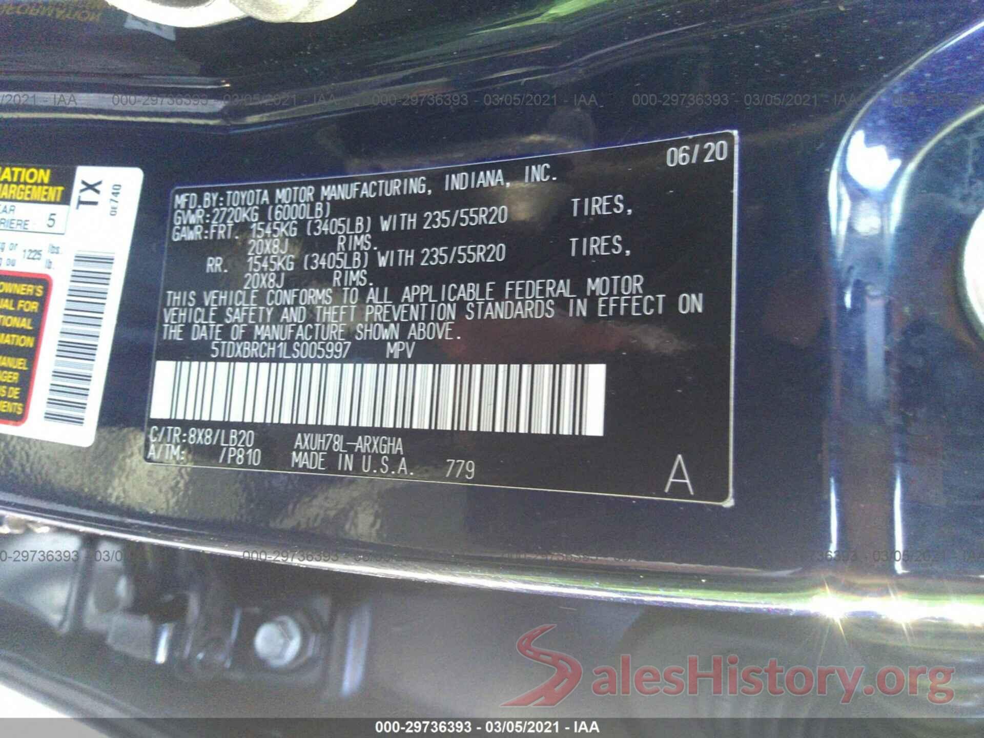 5TDXBRCH1LS005997 2020 TOYOTA HIGHLANDER