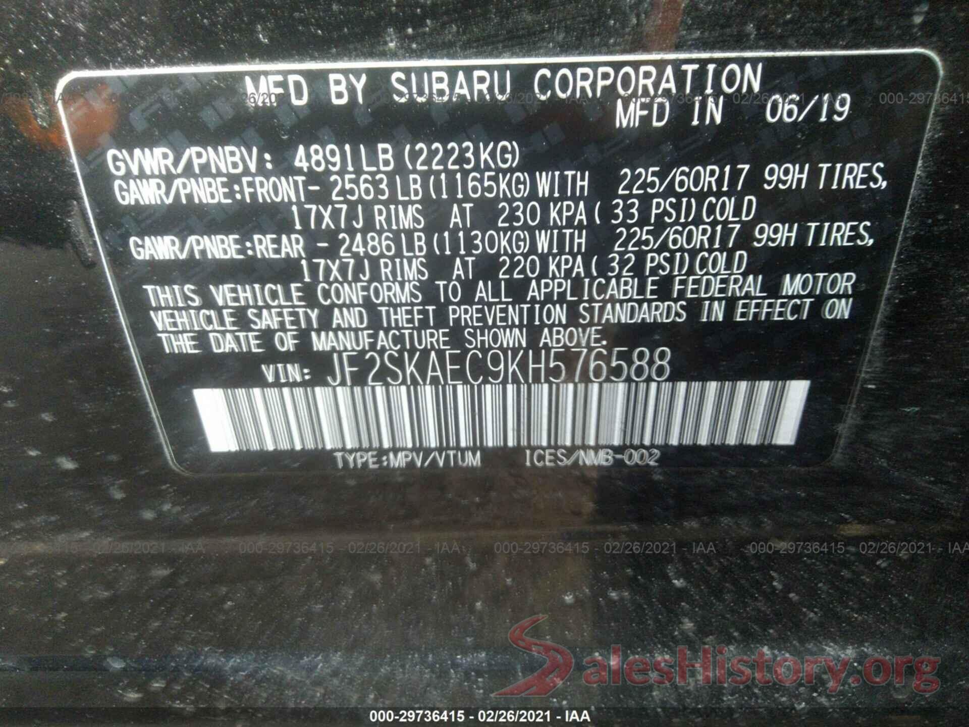 JF2SKAEC9KH576588 2019 SUBARU FORESTER