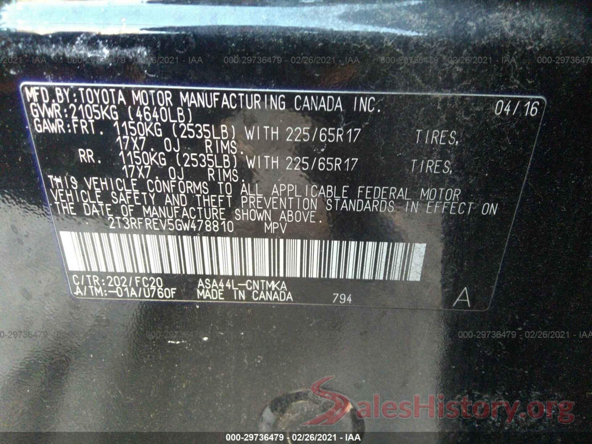 2T3RFREV5GW478810 2016 TOYOTA RAV4