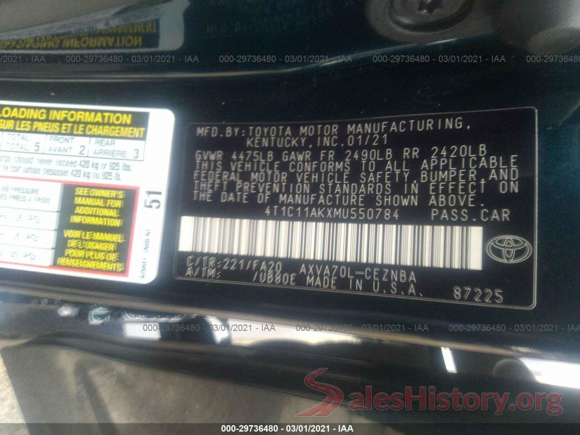 4T1C11AKXMU550784 2021 TOYOTA CAMRY