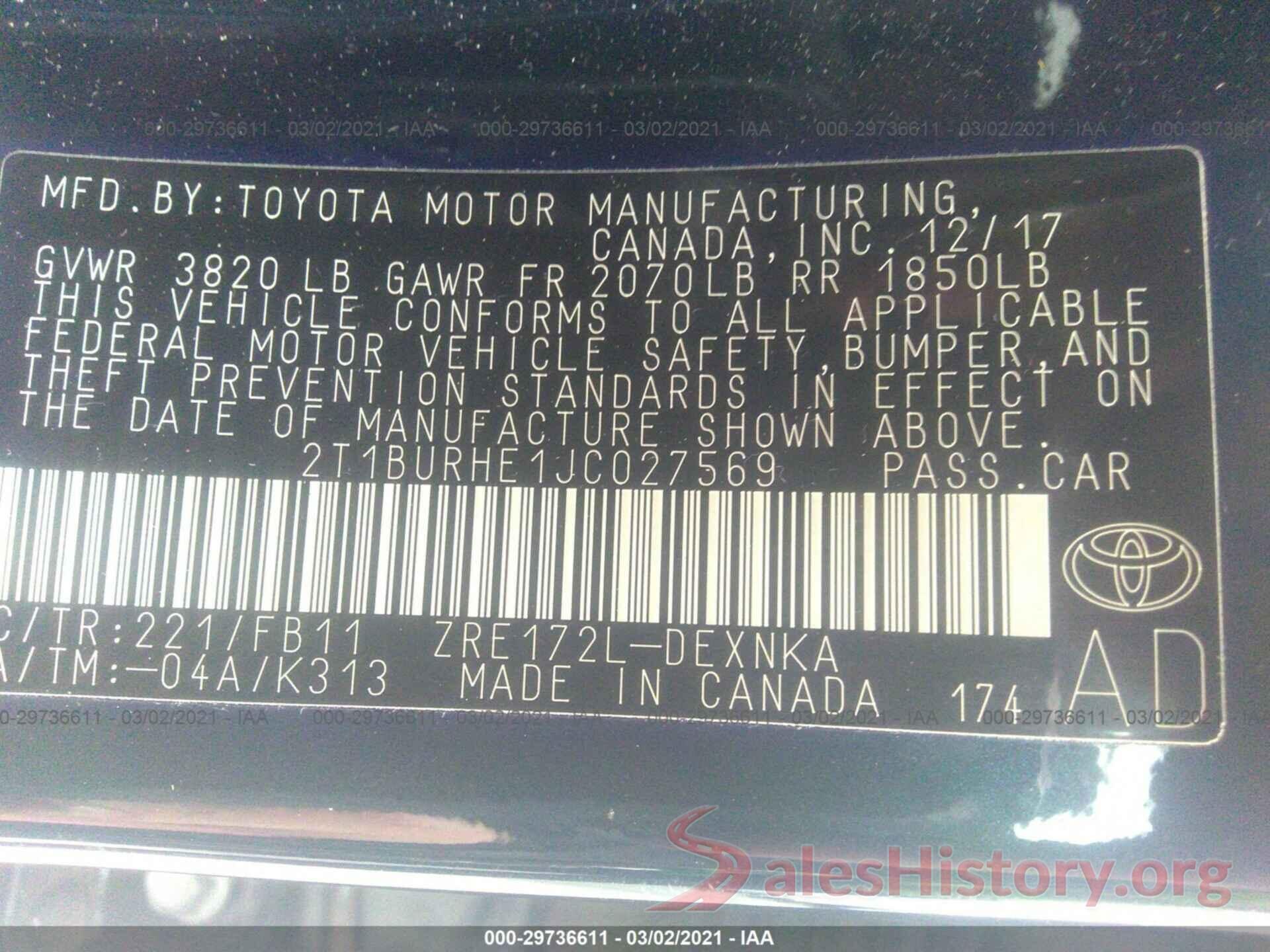 2T1BURHE1JC027569 2018 TOYOTA COROLLA