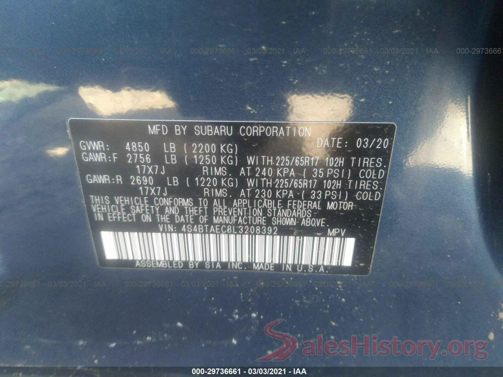 4S4BTAEC8L3208392 2020 SUBARU OUTBACK