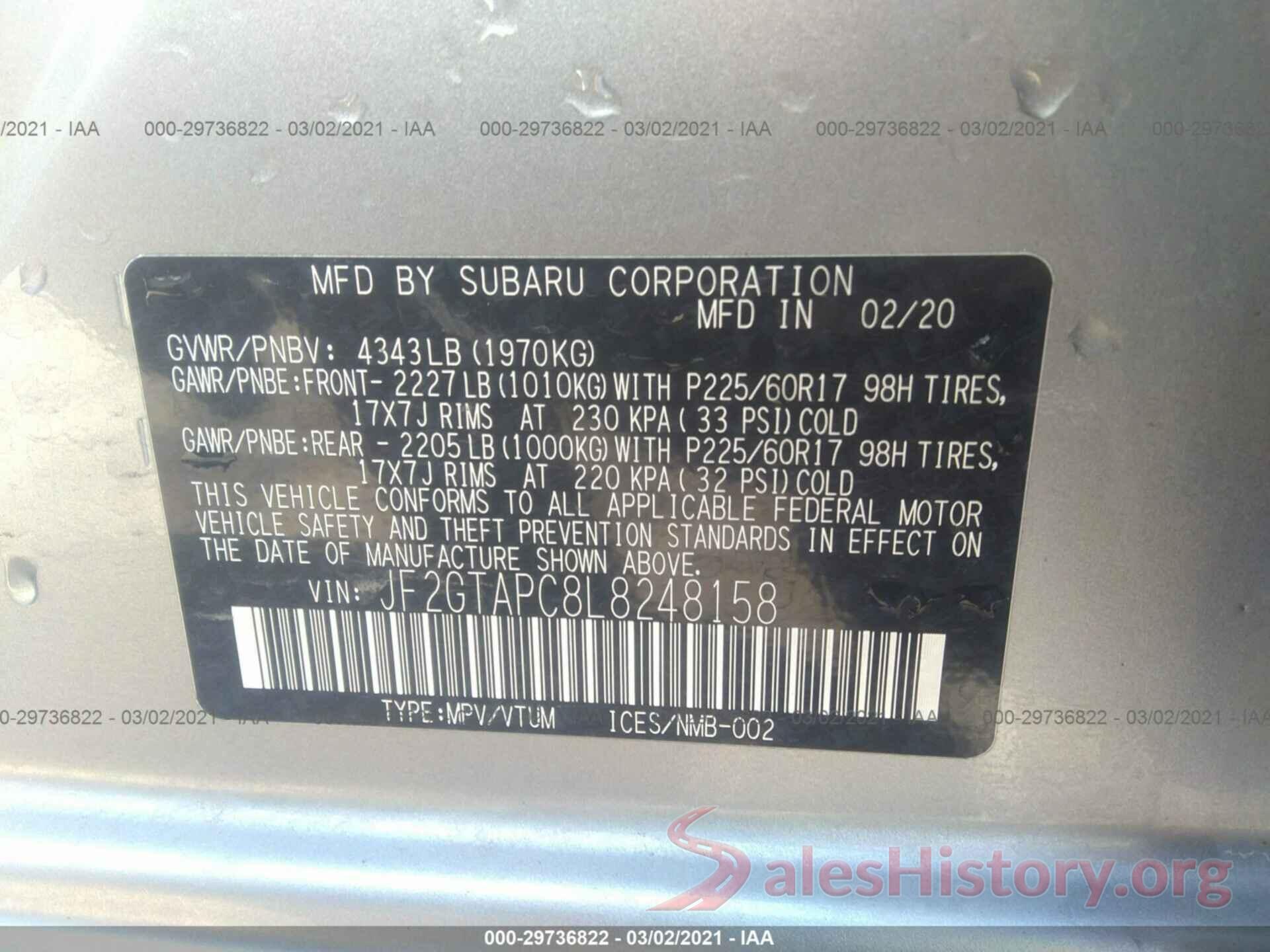 JF2GTAPC8L8248158 2020 SUBARU CROSSTREK