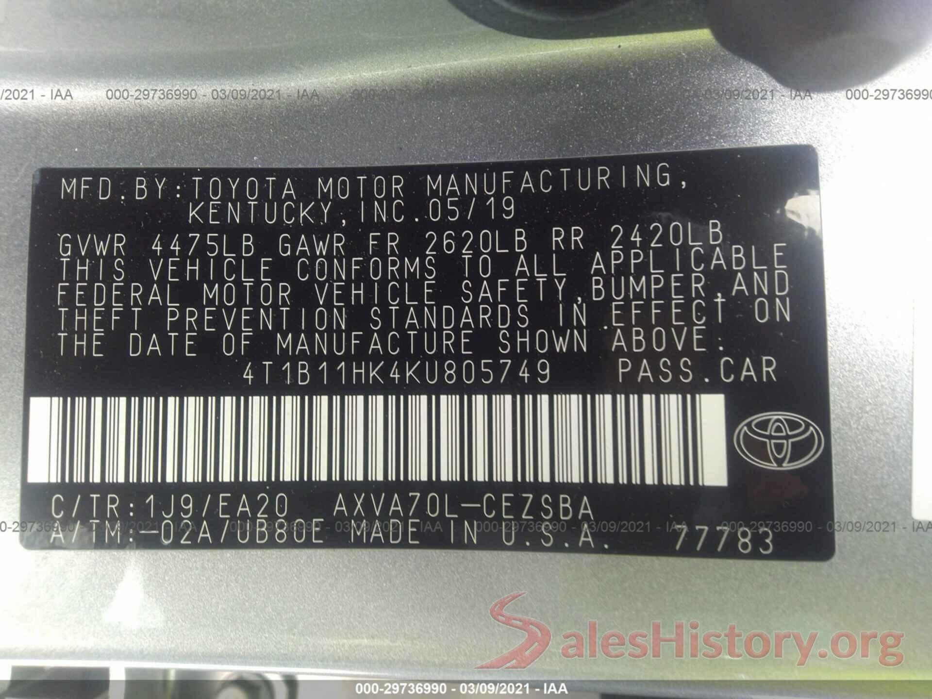 4T1B11HK4KU805749 2019 TOYOTA CAMRY