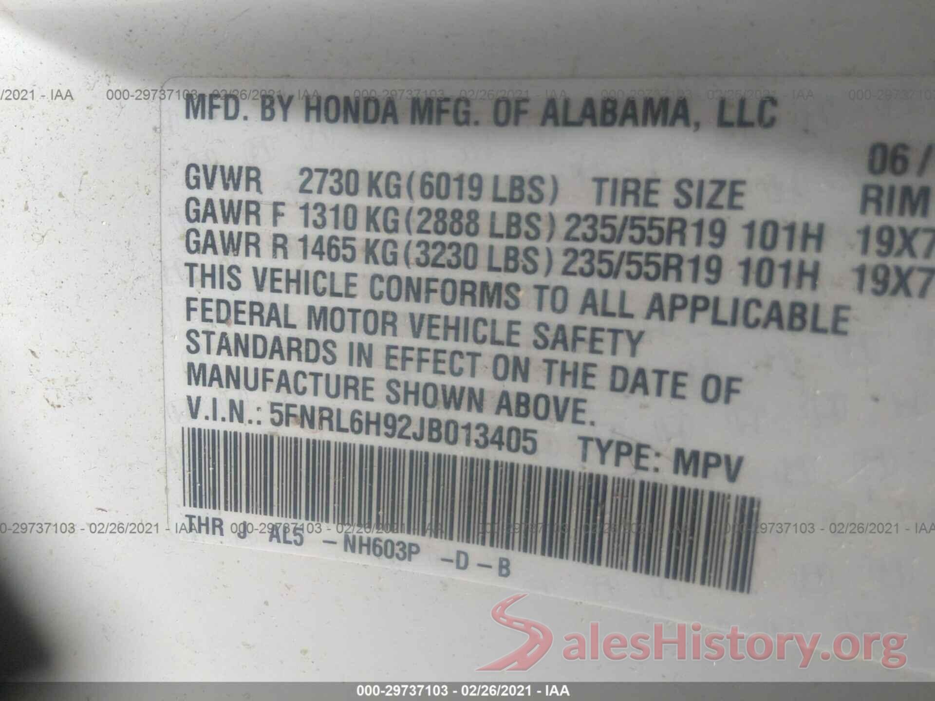 5FNRL6H92JB013405 2018 HONDA ODYSSEY