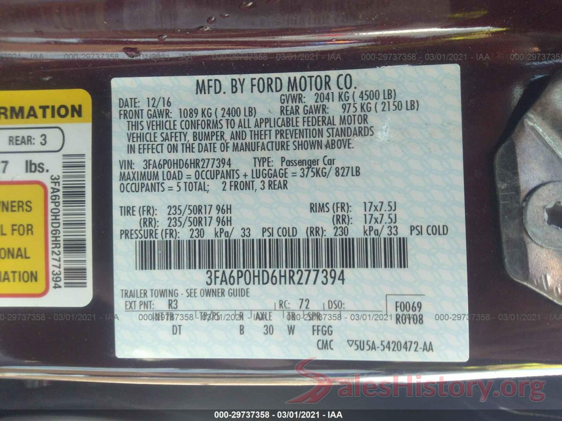 3FA6P0HD6HR277394 2017 FORD FUSION