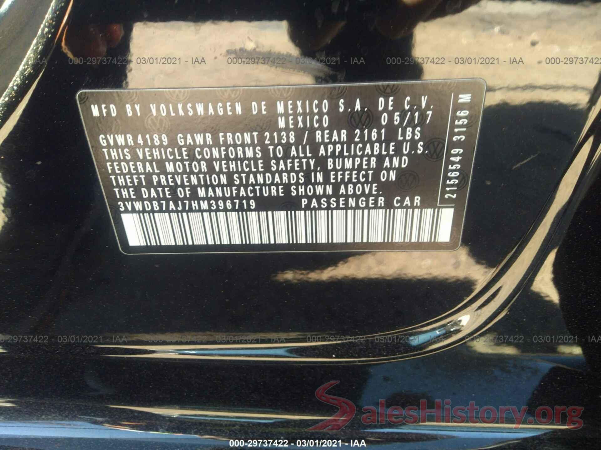 3VWDB7AJ7HM396719 2017 VOLKSWAGEN JETTA