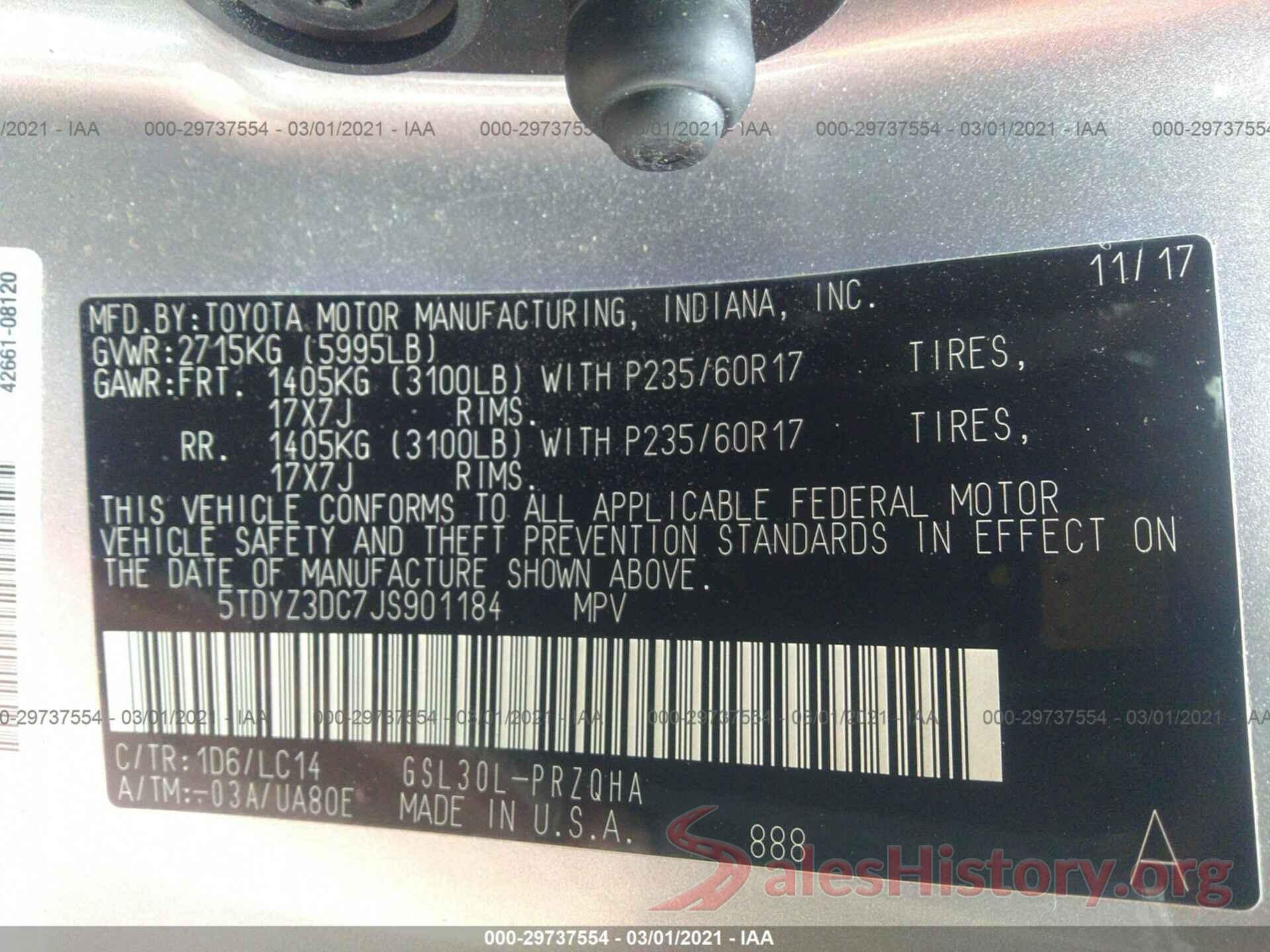 5TDYZ3DC7JS901184 2018 TOYOTA SIENNA